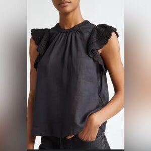 Ulla Johnson Black Kai Mixed Media Ramie Top with Crochet Ruffle detail Size 10